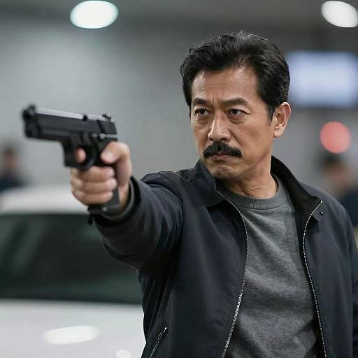 Middle-Aged Man Aiming Handgun at Night