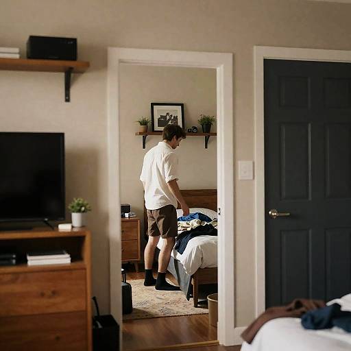 Man Standing in Messy Bedroom Doorway