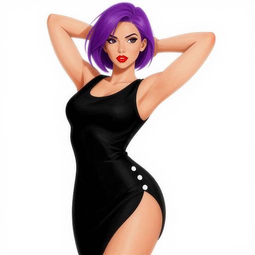 Digital illustration of a curvy woman with purple hair, red lipstick, wearing a black sleeveless dress with white buttons and a high side slit, posing