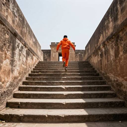 Photograph of a man in an orange prison jumpsuit ascending worn stone steps between weathered, brown, textured walls to a bright, sunlit doorway