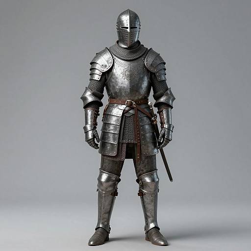 Photograph of a full-body medieval knight statue in shiny silver armor with a chainmail coif, gauntlets, and boots, standing against a