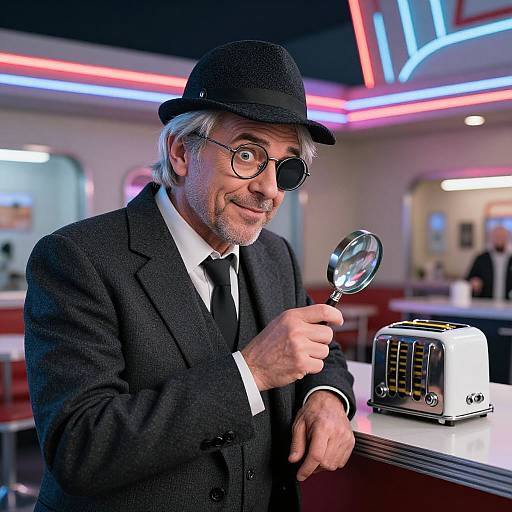 Photograph of an older man in a black suit, bowler hat, and eyepatch, holding a magnifying glass, examining a toaster in