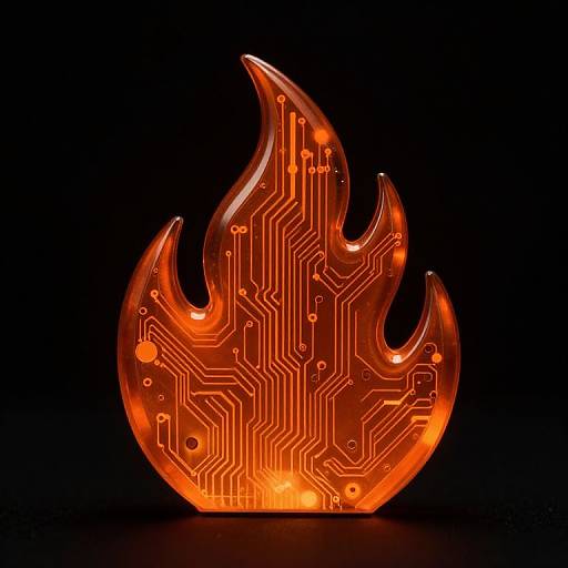 Glowing, orange, flame-shaped sculpture with intricate, illuminated circuitry patterns against a black background. Neon-like, futuristic design.
