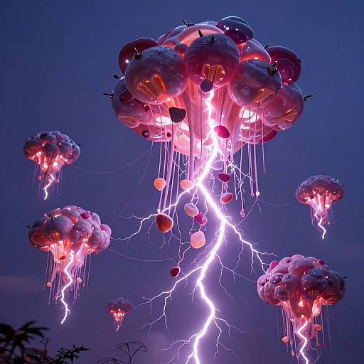 Photograph of glowing, red and purple jellyfish balloons with lightning bolts, floating against a dark, stormy blue sky.