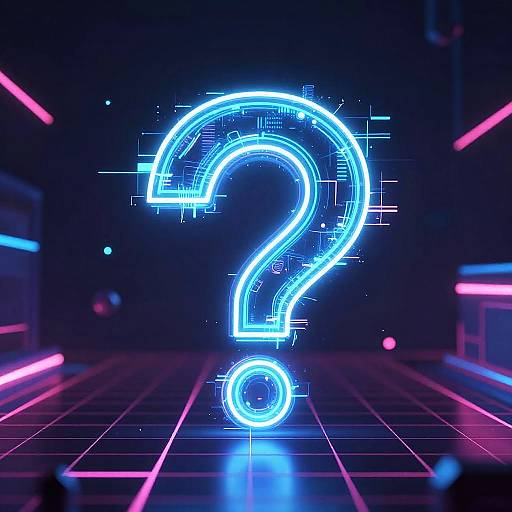 Neon blue question mark hologram glowing on dark grid floor with pink and purple neon lines in futuristic background.
