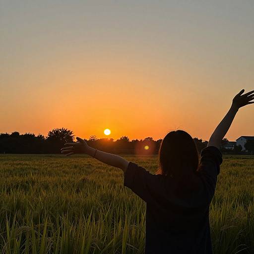 Silhouetted person with arms raised, standing in a grassy field, watching a vibrant orange sunset. Trees and distant buildings in background. Photograph