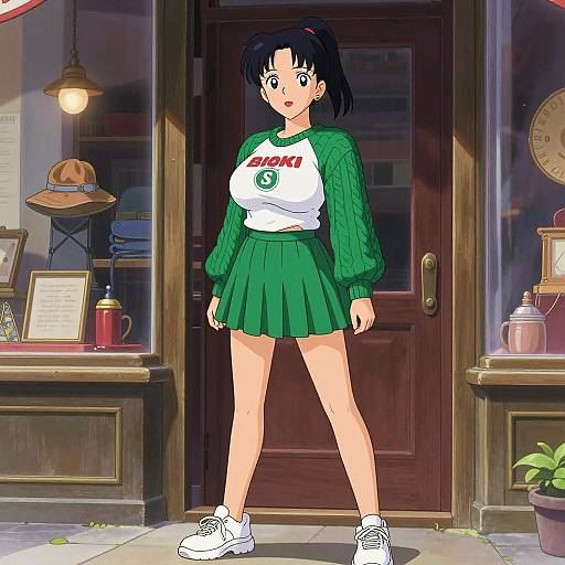 Anime-style drawing of a young woman with black hair in a ponytail, wearing a green raglan shirt, green skirt, and white sneakers, standing