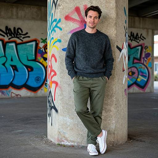 Photograph of a casually dressed man with short dark hair, wearing a black sweater, olive pants, and white sneakers, leaning against a graffiti-covered concrete