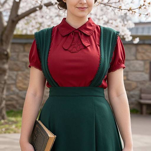 Photograph of a fair-skinned woman with brown hair, wearing a red blouse, green pinafore dress, holding a book, standing outdoors by