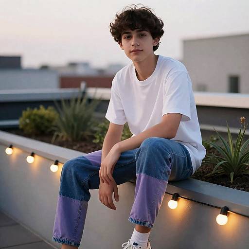 Teenage boy sitting on rooftop garden ledge