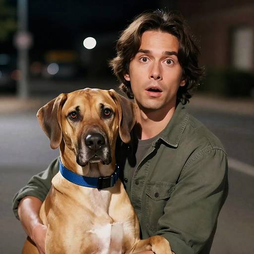 Man Holding Great Dane at Night