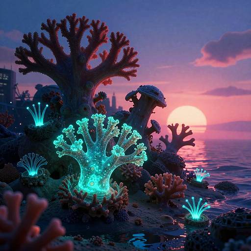 Bioluminescent Coral Reef at Sunset
