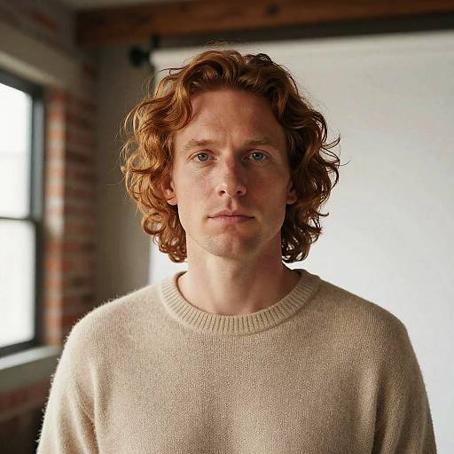 Photograph of a fair-skinned, red-haired man with curly hair, wearing a beige sweater, standing in a brick-walled room with a window
