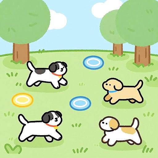 Digital drawing of four cartoon dogs playing in a grassy field with trees and frisbees; bright colors, simple lines.