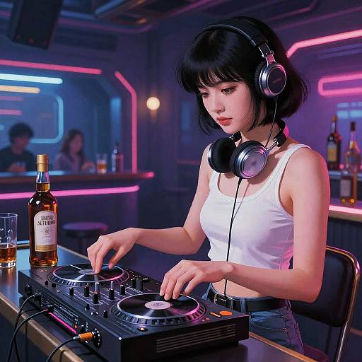 Digital art of an Asian woman with short black hair, wearing a white tank top and headphones, DJing in a neon-lit bar. She's