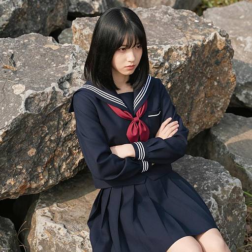 Asian Student in Navy Blue Japanese School Uniform Sitting on Rocks