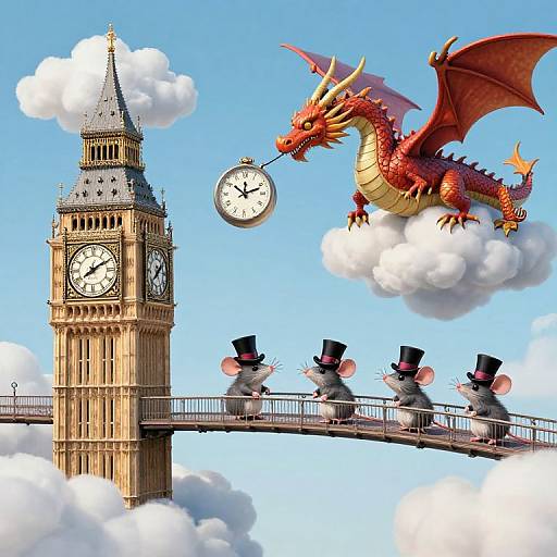Whimsical digital illustration: Red dragon on cloud above Big Ben clock tower, clock floating, four mice in top hats crossing bridge.