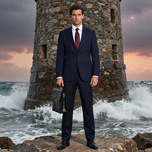 Photograph of a serious, dark-haired man in a navy suit, white shirt, red tie, holding a black briefcase, standing on rocky shore