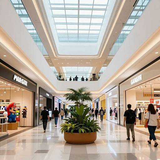 Photograph of a brightly lit, modern mall with a glass ceiling, two 