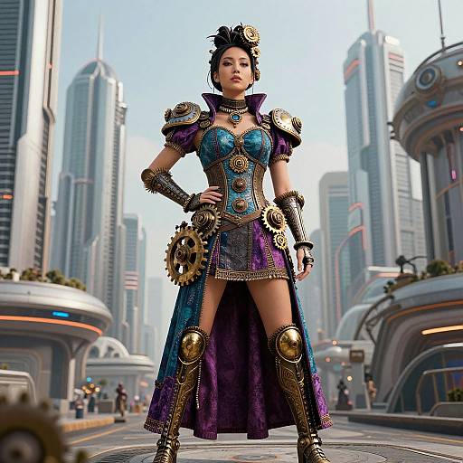 Digital art of a fierce, armored Asian woman in a futuristic city, wearing vibrant blue and purple gear with gold accents, standing confidently on a street with