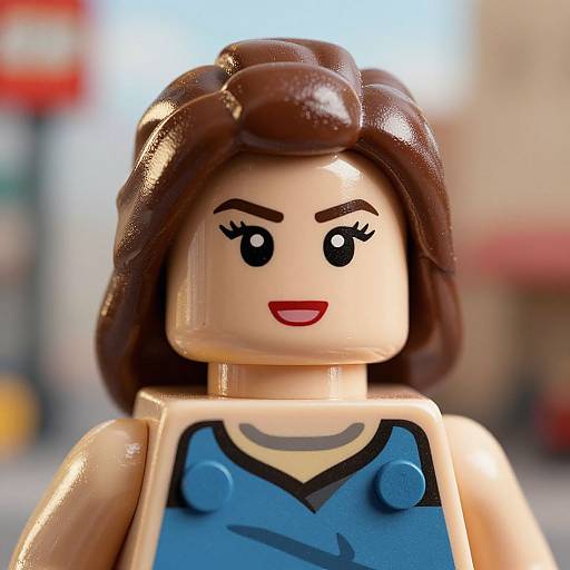 Close-up photograph of a Lego minifigure with brown hair, black eyebrows, red lips, and blue top, set against a blurred city background.