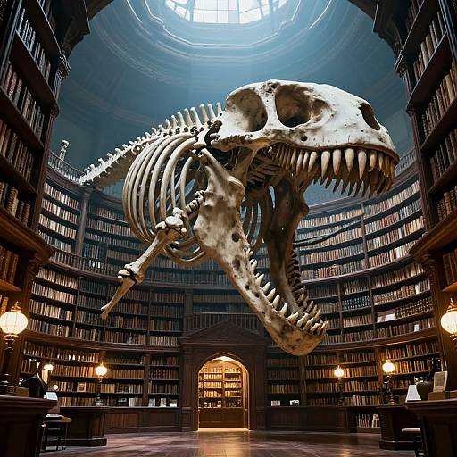 Photograph of a massive dinosaur skeleton with open mouth, displayed in a dimly lit, circular library with towering bookshelves and warm lamps.