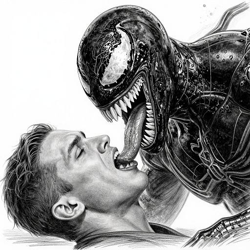 Monochromatic digital artwork of a terrified man with short hair being aggressively licked by a grotesque, black, Venom-like creature with sharp teeth and a