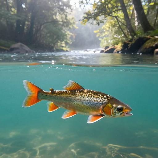 Photograph of a vibrant orange and green spotted fish swimming under clear water in a sunlit, forested creek, with sunlight filtering through trees in the