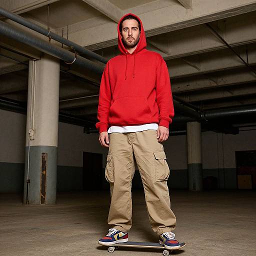 Photograph of a bearded man in a red hoodie and beige cargo pants, standing on a skateboard in a dimly lit, industrial basement.