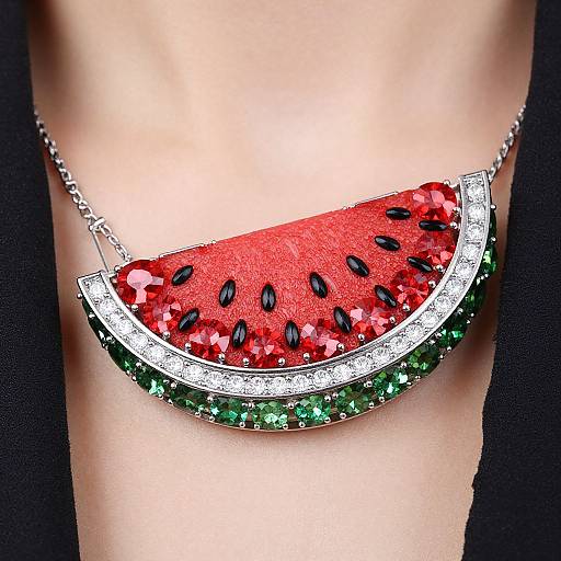 Photograph of a necklace featuring a semi-precious, semi-circular watermelon slice pendant with red gemstones, black seeds, silver trim,