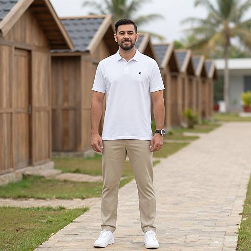 Photograph of a bearded man with dark hair, wearing a white polo shirt, beige pants, and white sneakers, standing on a tiled path in
