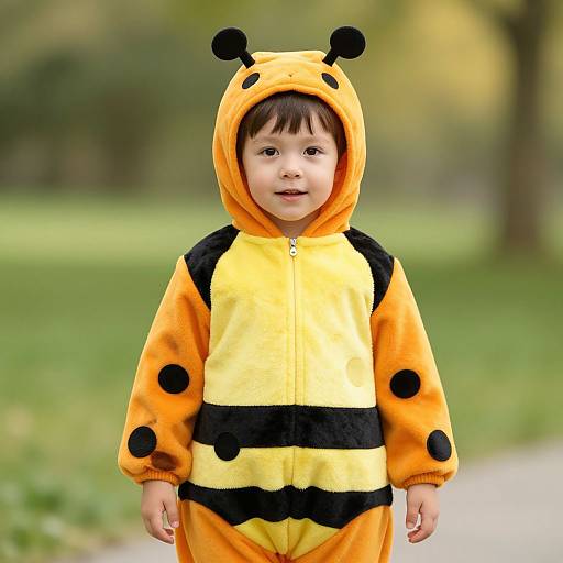 Photograph of a young child wearing a yellow and black bee-themed hooded onesie with black polka dots and bear ears, standing in a blurred