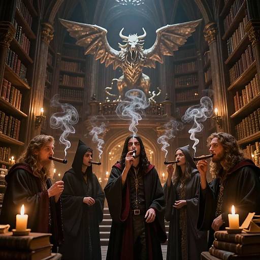Photograph-like digital art: Five long-haired men in black robes smoke pipes, surrounded by candles, in a gothic library with a winged horn