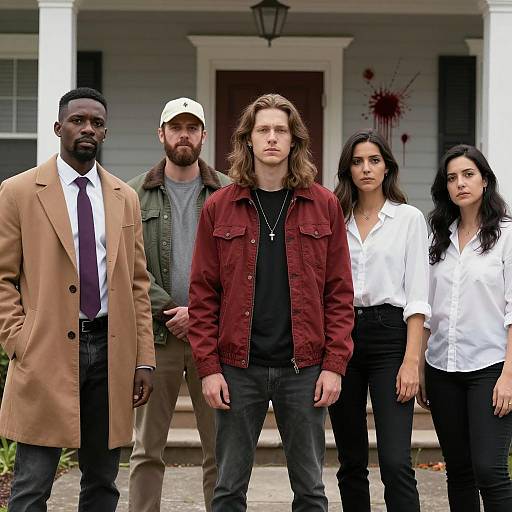 Group of Five People with Serious Expressions Outdoors