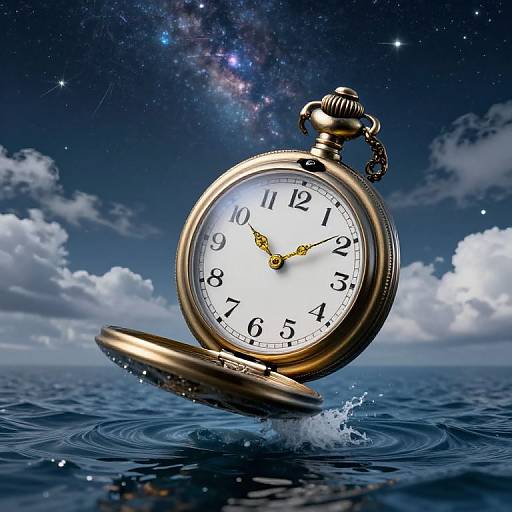 Photorealistic image of a gold pocket watch with white face and black numerals, floating on water, cosmic galaxy background, watch lid splashing into