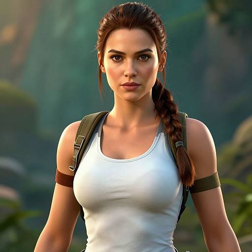 CGI image of a strong, attractive woman with dark brown hair in a braid, wearing a white tank top and green backpack, standing in a