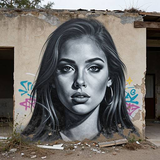 Black-and-white graffiti portrait of a young woman with long hair and hoop earrings on a weathered, graffiti-covered wall.