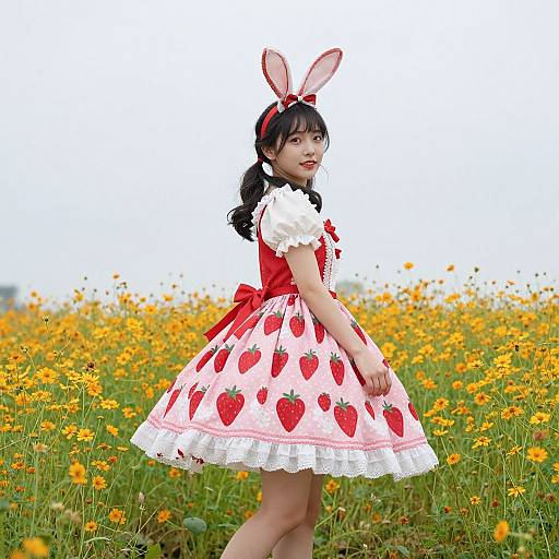 Asian woman in a red and white strawberry-print dress with bunny ears, standing in a vibrant yellow wildflower field. Photograph.