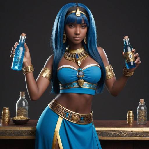 Woman in Ancient Egyptian Style Costume Holding Potion Bottles