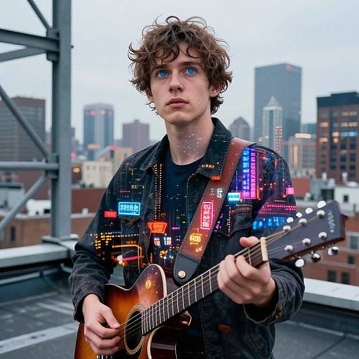 Photograph of a curly-haired young man with blue eyes, wearing a black jacket adorned with neon city lights, playing a sunburst electric guitar on a