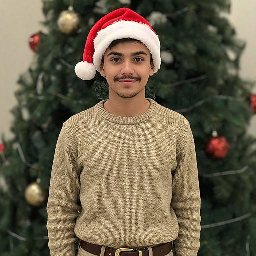 Photograph of a young man with medium brown skin and dark hair, wearing a red Santa hat and beige sweater, standing in front of a decorated Christmas