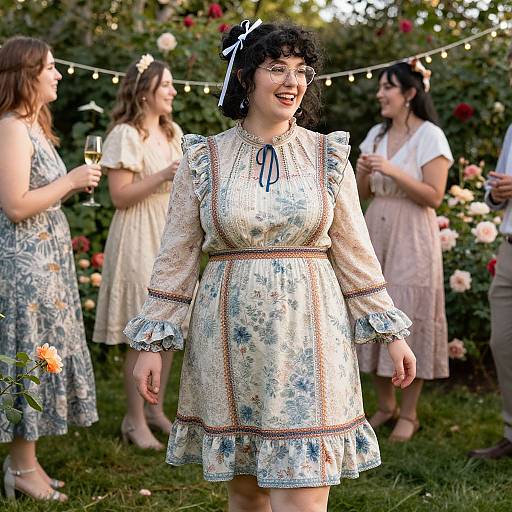 Photograph of a curly-haired woman in a floral, long-sleeve dress with ruffles, smiling at an outdoor garden party with three other women
