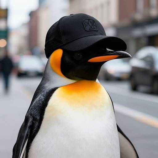 Photograph of a penguin wearing a black baseball cap with a logo, standing on a blurred urban street with cars and buildings.