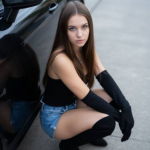 Confident Woman Posing by Black Car