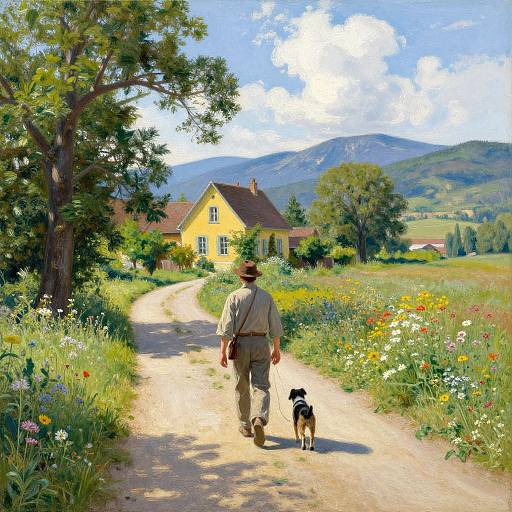 A man in a straw hat and beige clothes walks a black-and-white dog down a sunlit, flower-lined path to a yellow house in a lush