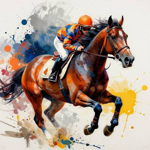 Dynamic digital painting of a jockey in a colorful racing suit riding a galloping brown horse, splattered with vibrant orange, blue, and yellow