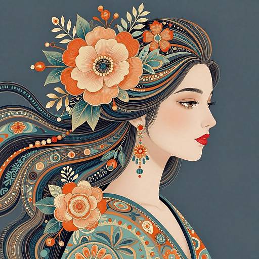 Digital illustration of a fair-skinned woman with long, flowing dark hair adorned with vibrant orange flowers and intricate blue-green patterns, wearing red earrings, against