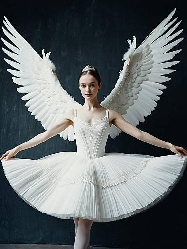 Photograph of a pale-skinned ballerina with white angel wings, tiara, and tutu, standing against a dark background, arms out
