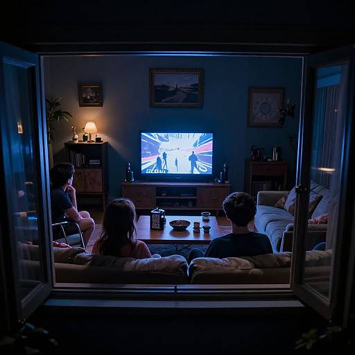 Photograph of a dimly lit living room viewed through a window, showing a couple watching a bowling game on TV, surrounded by cozy furniture and soft