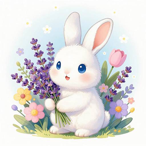 Adorable Bunny with Lavender Bouquet Illustration